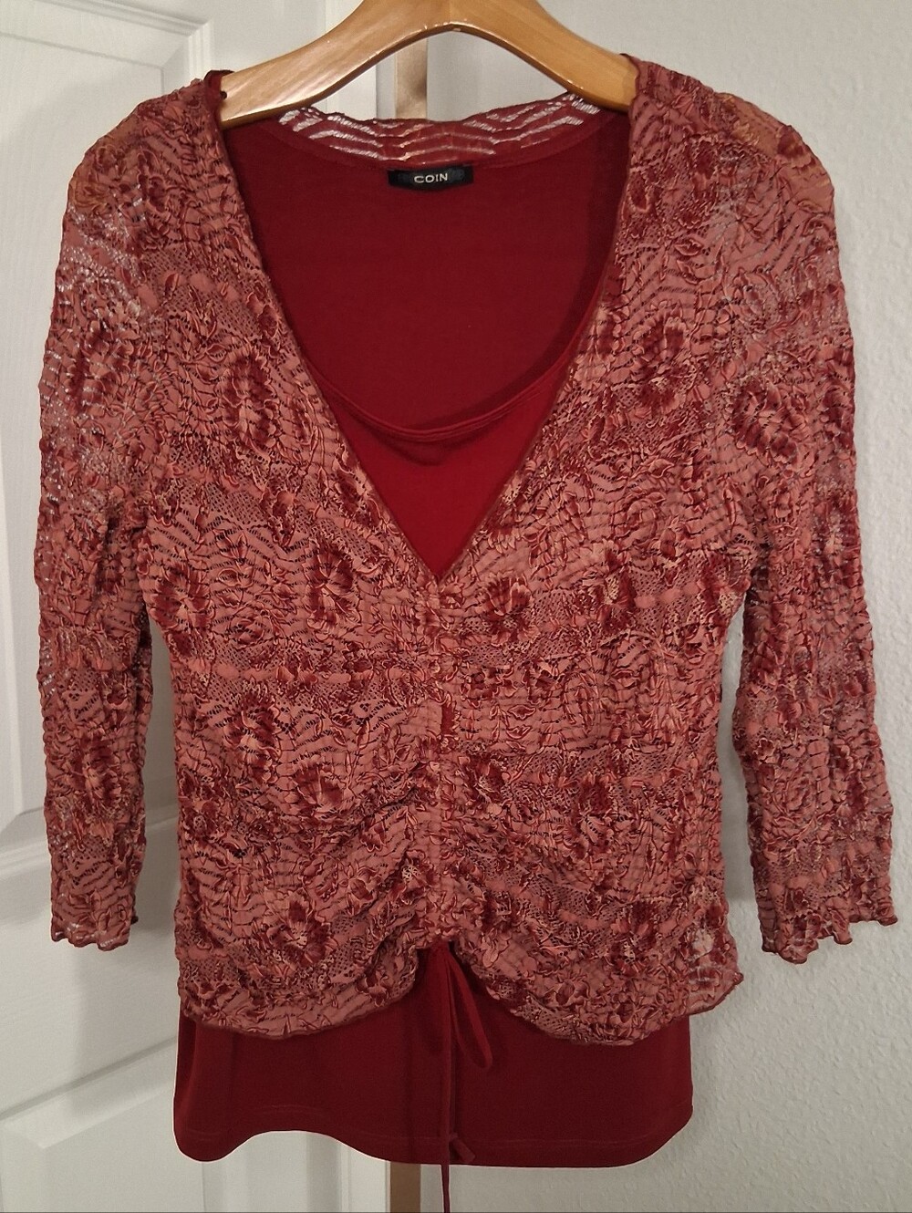 Vintage 90s Y2K Layered Blouse With Sheer Sleeves Large Coin Brand